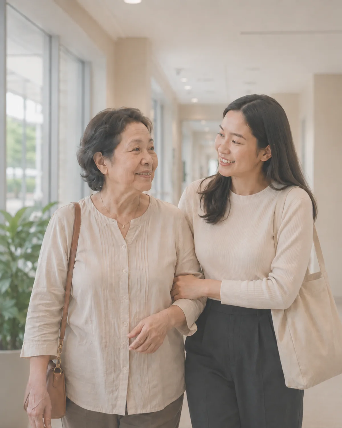 An adult daughter walking arm-in-arm with her elderly mother through a bright hospital corridor in Malaysia, smiling together