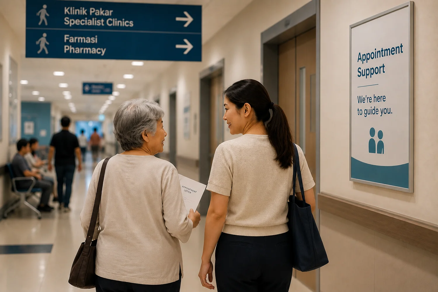 An older Malaysian adult walking with a non-medical Companion before a healthcare appointment.