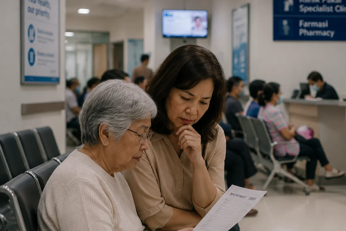 An older adult and family member reviewing appointment information in a busy hospital waiting area.